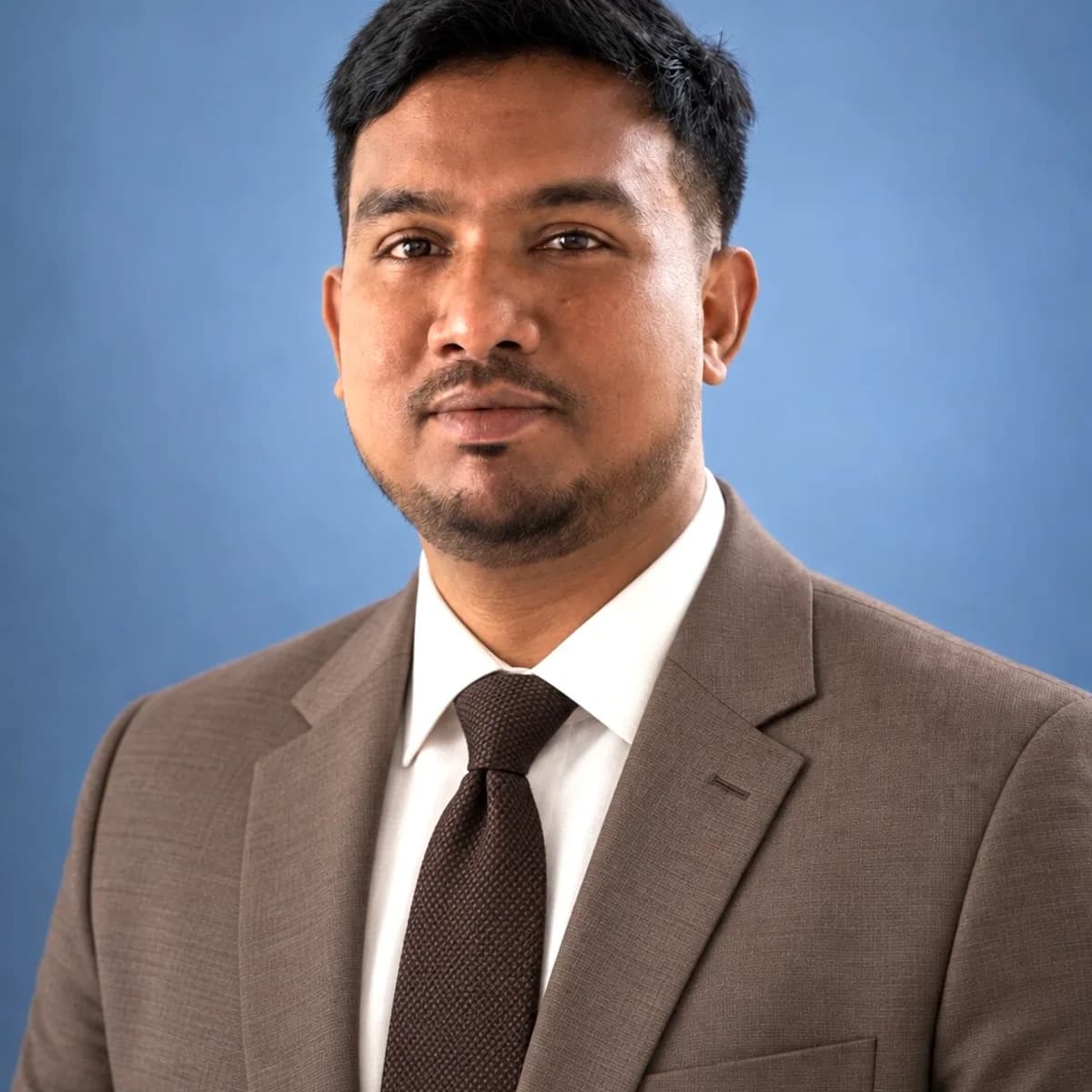 Fazlay Rabby, founder of Route Bridge Auto, in a suit and tie against a blue background.